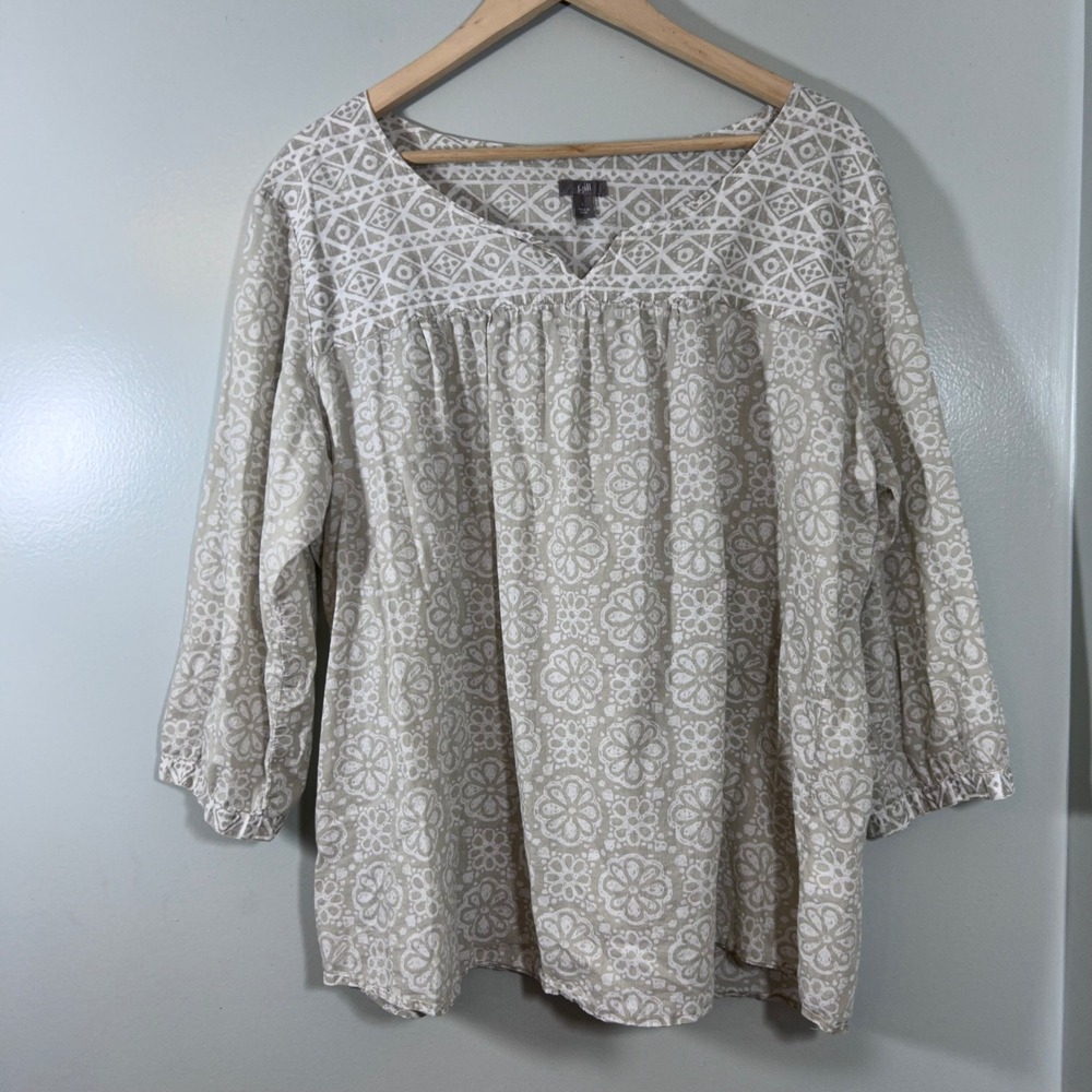 J. Jill Tan White Floral Cotton Peasant Blouse 3/4 Sleeve Top Large